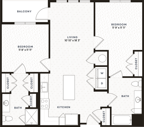 Floor plan for 2 beds, 2 baths, 1074 sqft